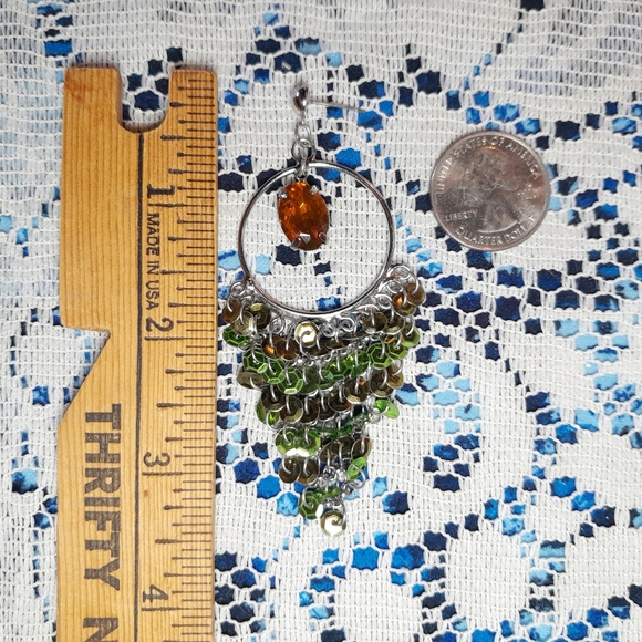 Y2K Sparkly Green Sequin & Amber Rhinestone Dangly Earrings - Picture 8 of 9